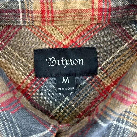 Brixton Rugged Cotton Flannel Men’s Medium Brown Red Long Sleeve Plaid Skate - Picture 4 of 7